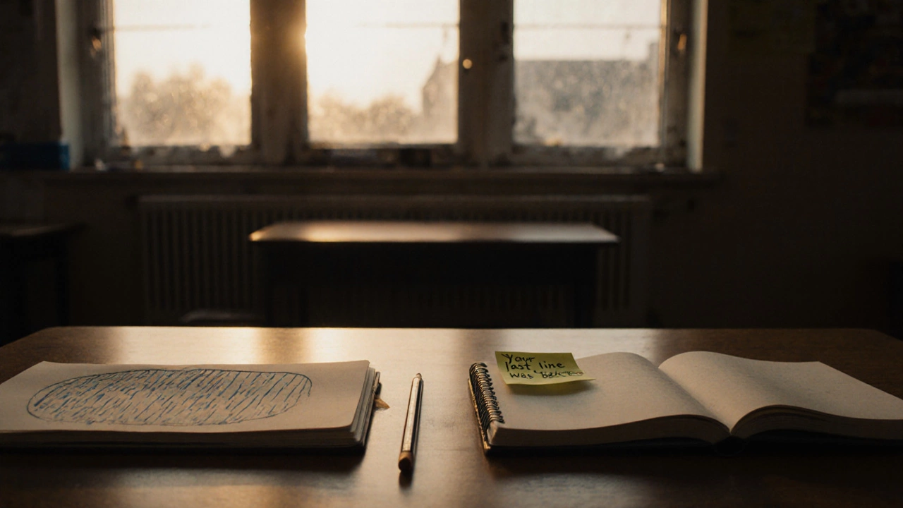 Two open sketchbooks with a sticky note between them on an art club table.