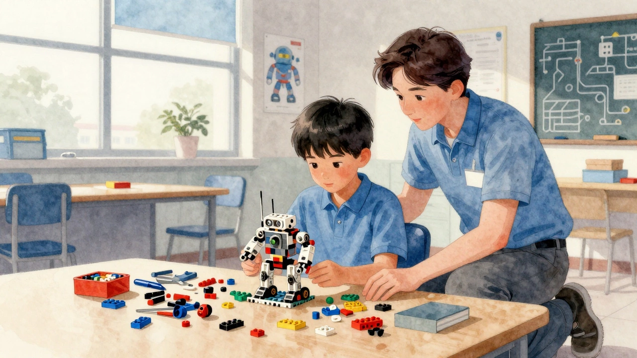 A boy focused on building a LEGO robot with a supportive adult nearby.