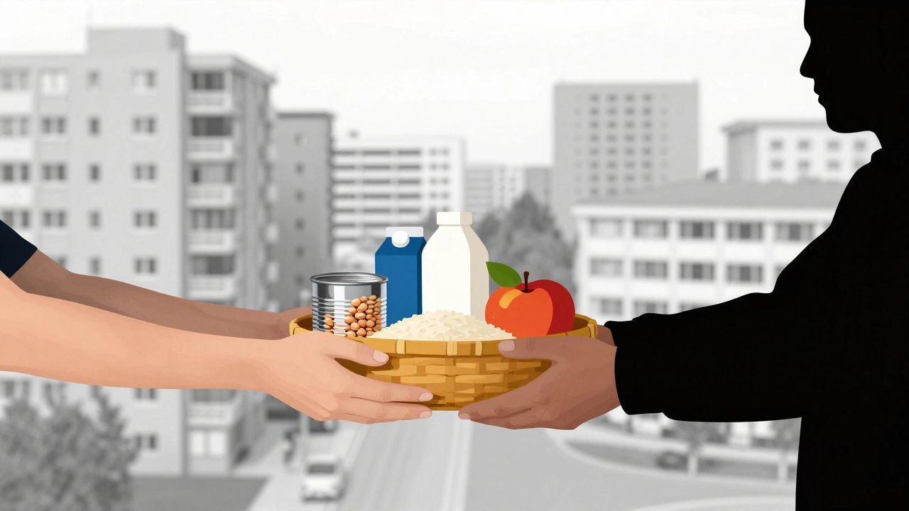 A chain of hands passing food baskets through an urban landscape, symbolizing community support.