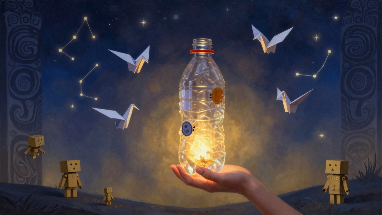 A child holding a glowing plastic bottle lantern, surrounded by recycled art and floating cranes.