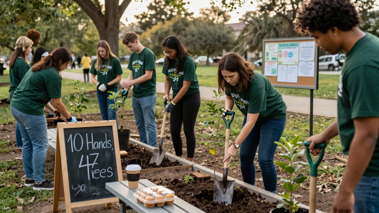 A diverse group planting trees in a park at dawn with donated supplies and a chalkboard showing their progress.