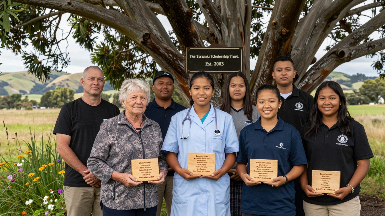 A group of people holding plaques under native trees, symbolizing a lasting charitable legacy.
