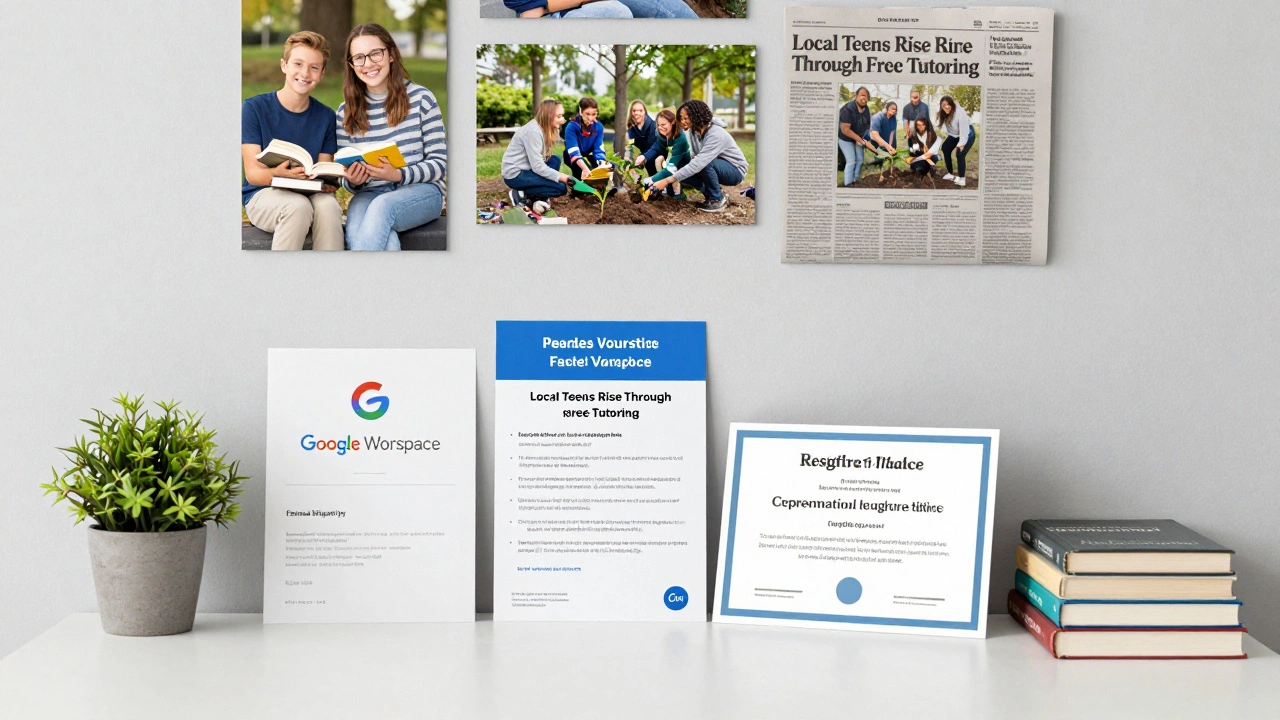 A home office desk with charity registration papers, free digital tools, and photos of community impact.