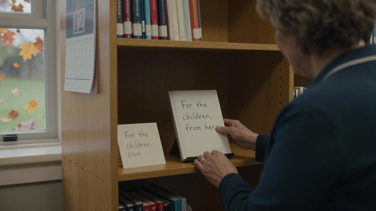 A librarian placing a book on a shelf with a handwritten note, autumn leaves falling outside.