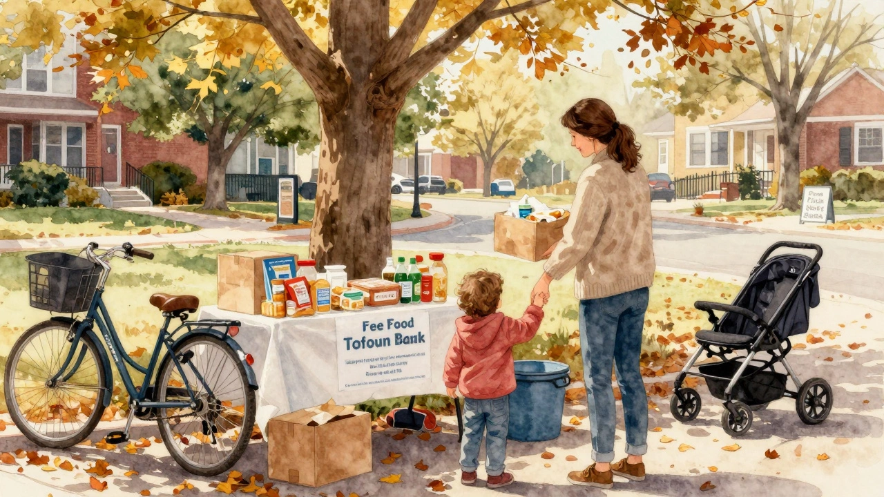 A mother and child receiving a food box from a volunteer under a tree in a park.