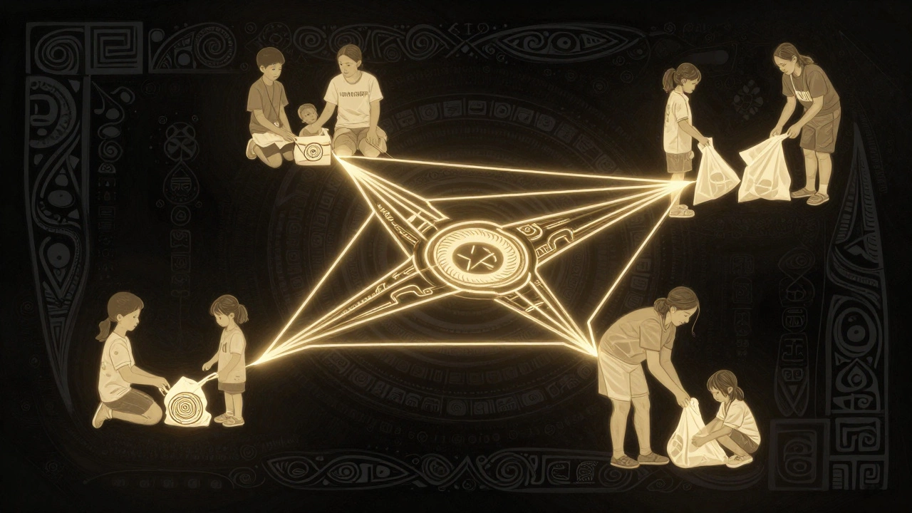 A network of glowing threads linking volunteers and community members, inspired by Māori whanaungatanga, symbolizing shared purpose and lasting impact.