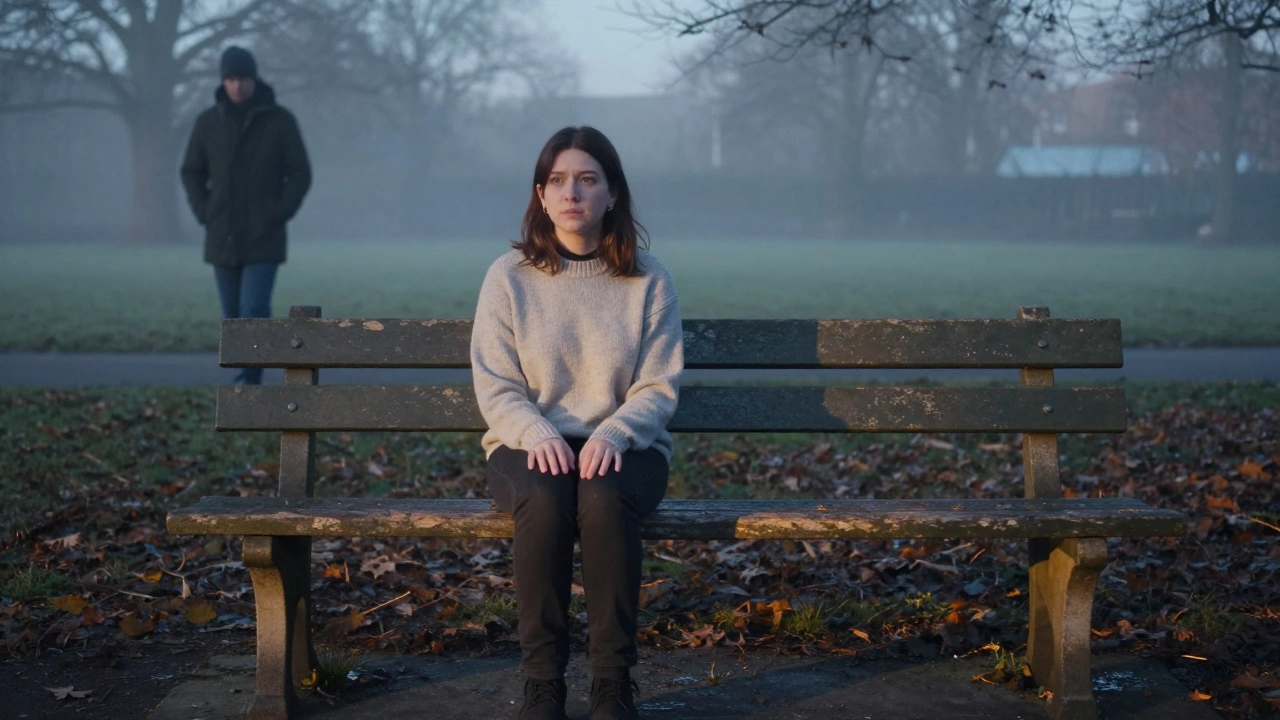 A person approaching a painted bench in a misty park at dawn, volunteer sitting quietly beside it.