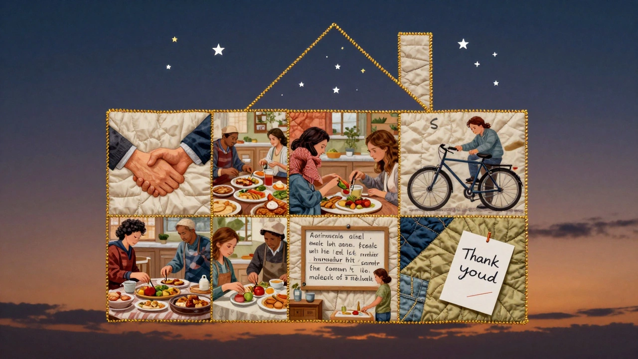 A quilt made of community moments, each patch representing one of the 5 C's.