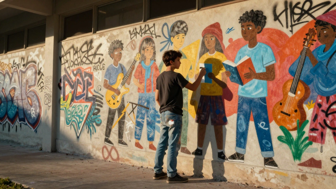 A teen painting a colorful mural on a bare school wall to inspire classmates.