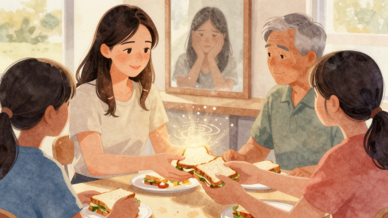 A woman serving food at a youth center, her reflection showing a past version of herself, with light connecting her to others in the room.