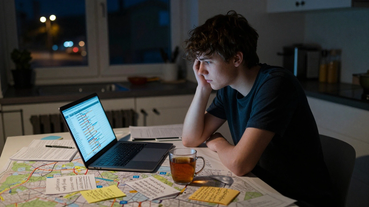 A young person analyzing bus routes at night to solve community transportation gaps.