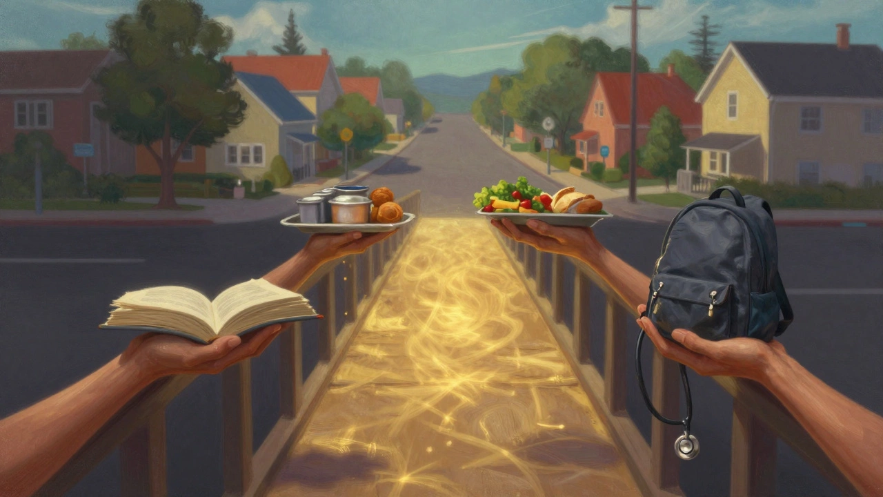 Bridge made of hands holding symbols of need and help, connecting dark and light worlds.