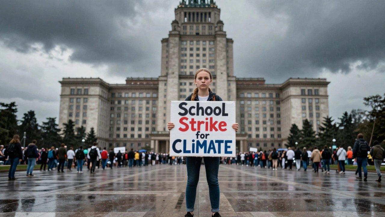 Greta Thunberg standing alone with a climate sign, thousands of youth protesters behind her in the rain.