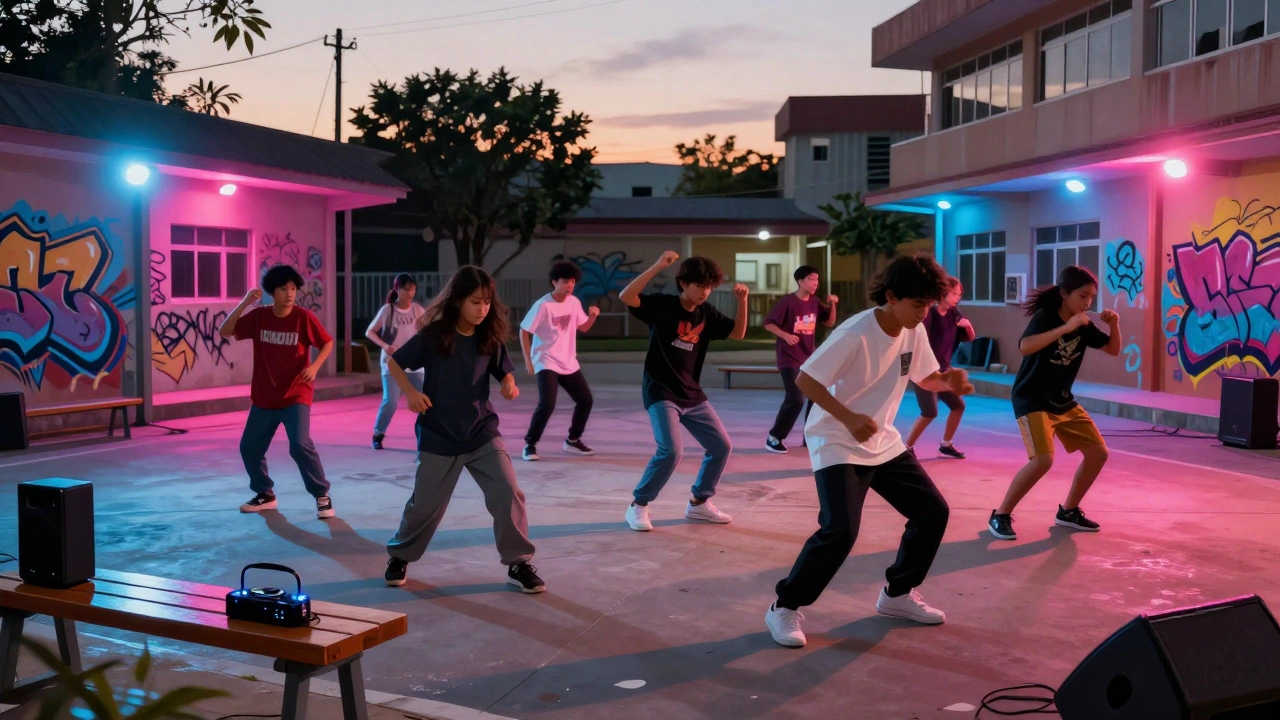 Kids dancing energetically in a courtyard at dusk, surrounded by street art and glowing lights.