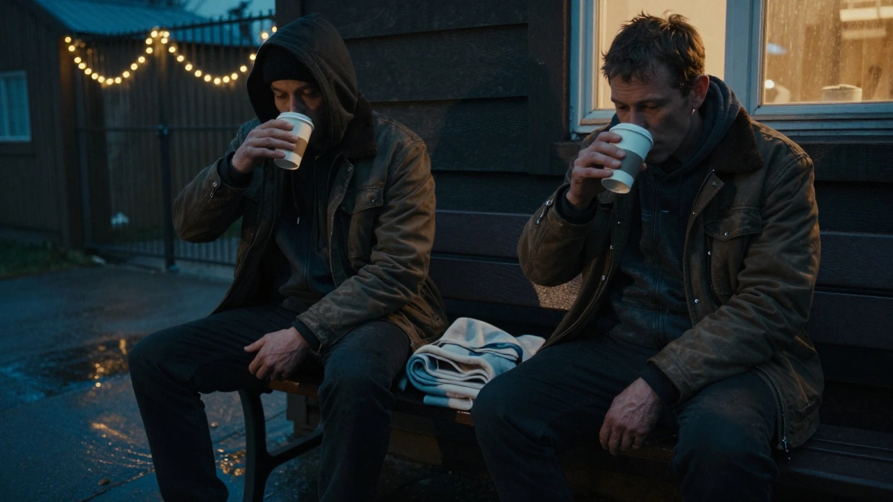 Man sitting quietly with unhoused person on a bench, sharing coffee at dusk.
