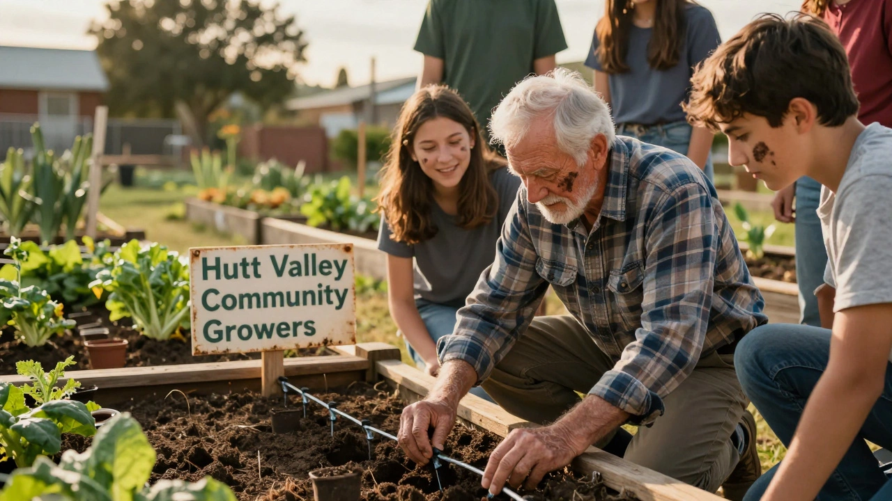 Retired engineer teaching teens to install garden irrigation in a community plot.