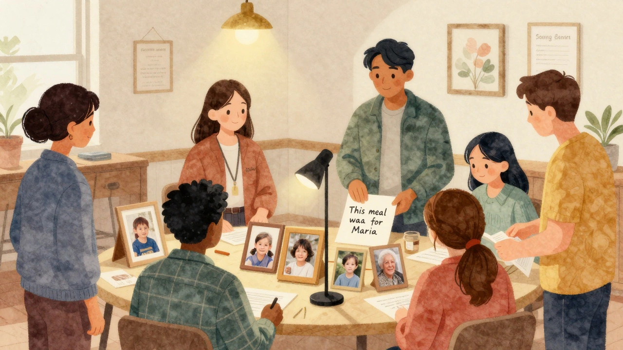 Silent auction in a community center with photos and handwritten notes showing real impact.