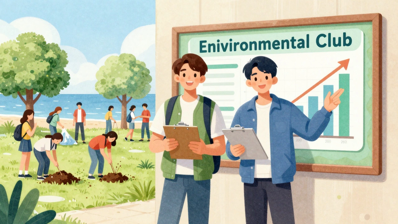 Student leaders presenting environmental club progress with growing membership.