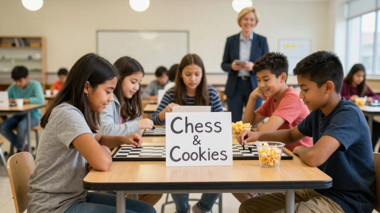 Students playing chess and sharing cookies in the cafeteria, inclusive and joyful.