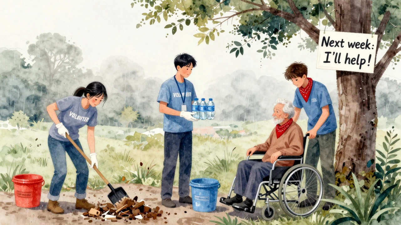 Volunteers cleaning up after a storm, helping each other with water and tools.