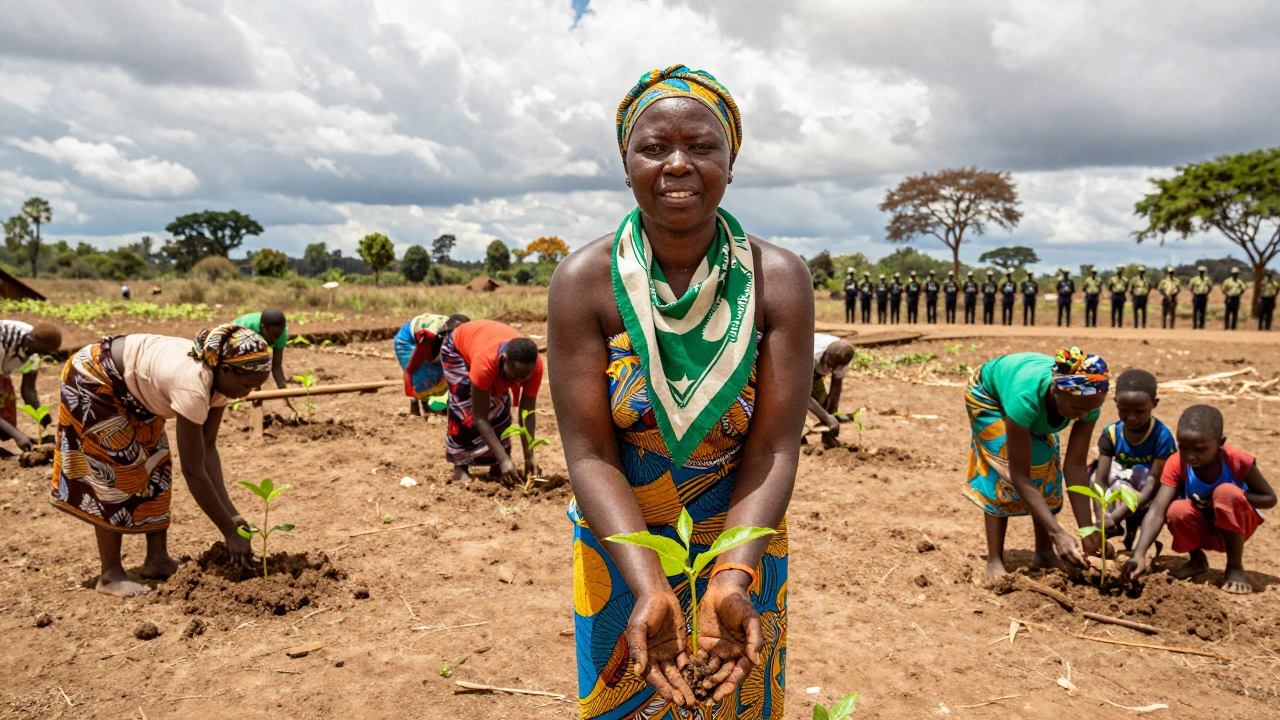 Wangari Maathai leading women to plant trees in a Kenyan village, sunlight filtering through trees.