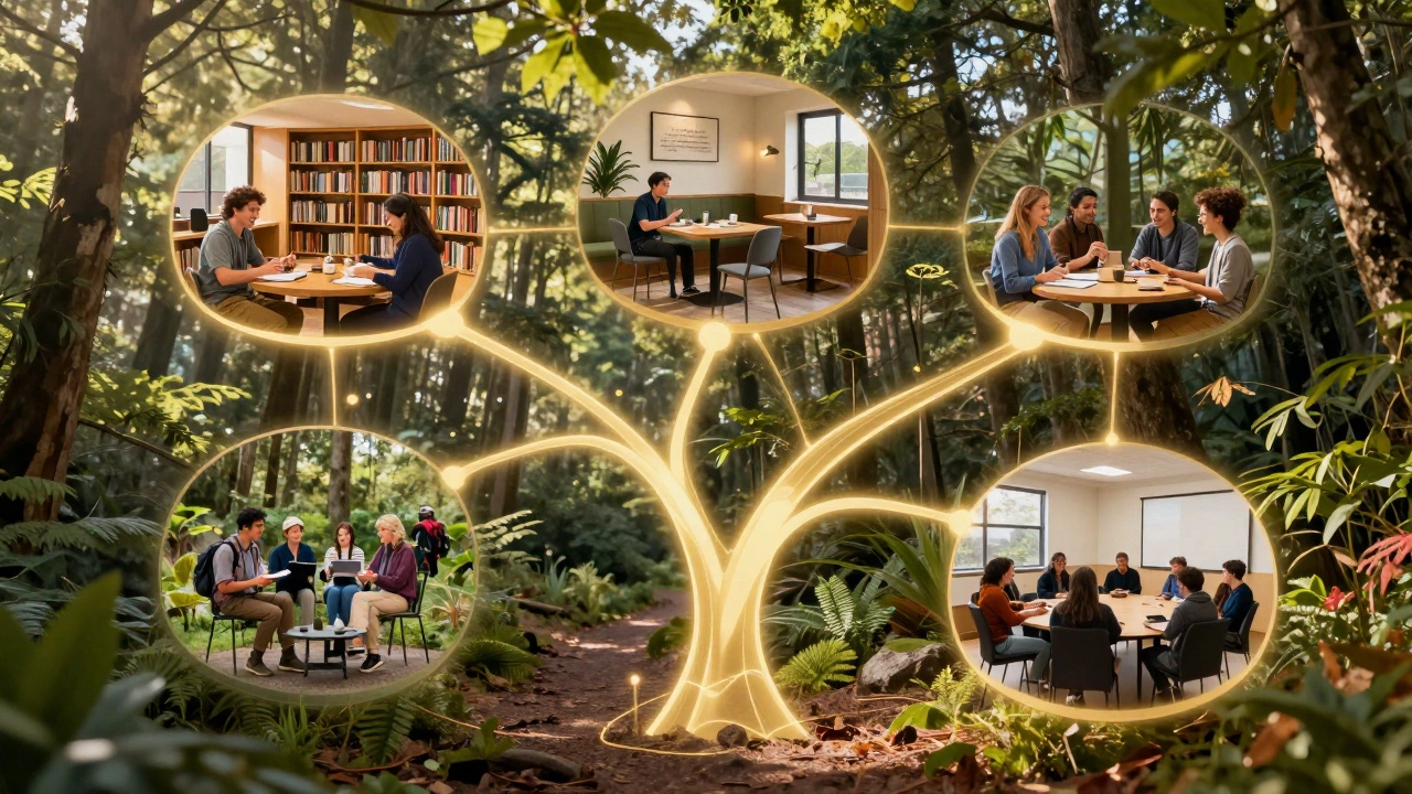 A network of modern social spaces—library, café, trail, hall—connected by golden threads.