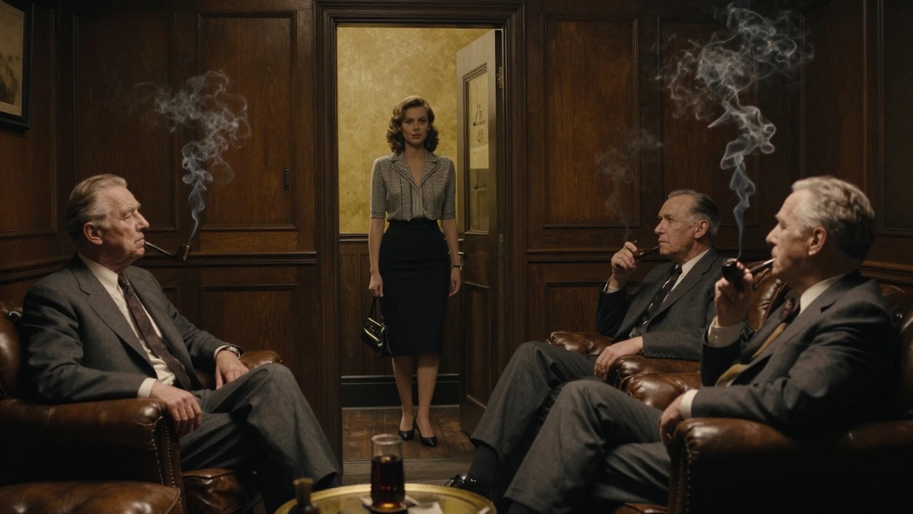 A woman hesitates at the entrance of a traditional men's club, while older men look on inside.