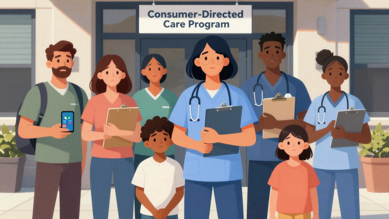 Diverse family caregivers outside Medicaid office with clipboards and apps.