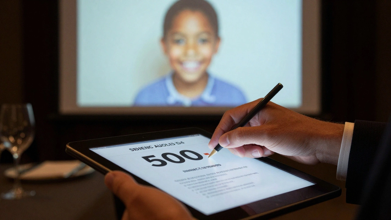 Donor bidding on a silent auction tablet while a beneficiary's image is projected nearby.