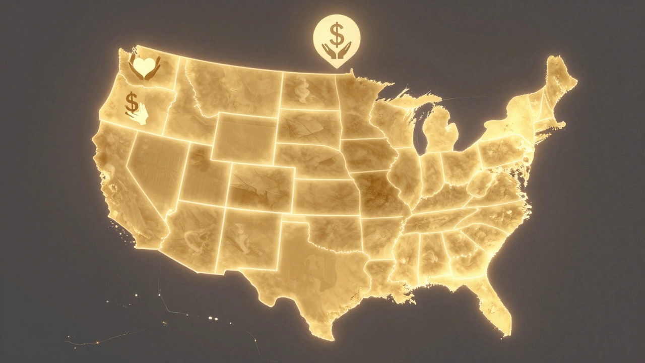 Map of U.S. with 47 states glowing as family caregivers receive support.