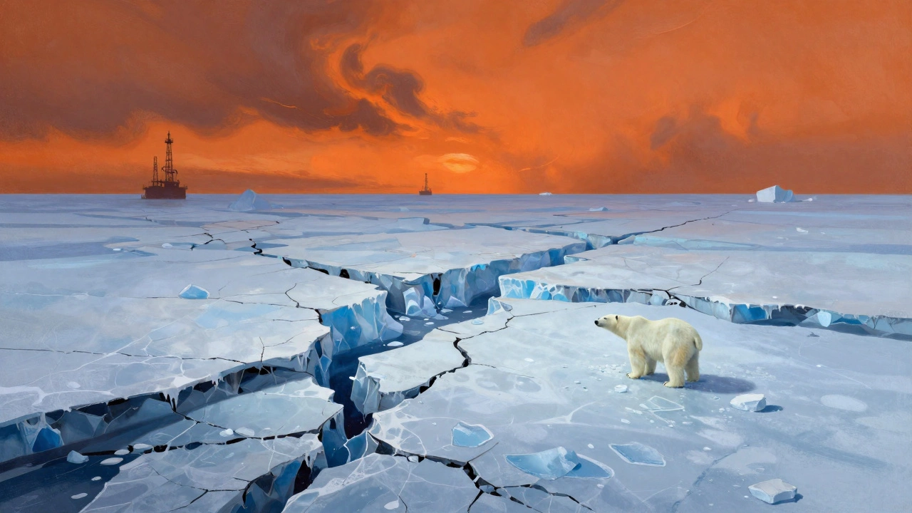 Melting Arctic ice with polar bear on shrinking floe, fiery sky