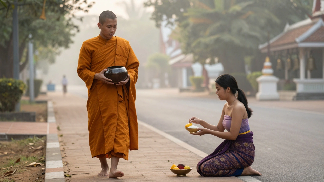A Buddhist monk receiving alms from a layperson at dawn in Thailand.