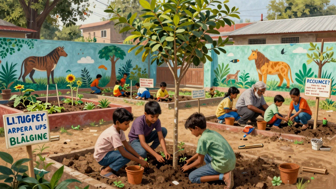 A diverse community planting trees together in a vibrant urban garden with wildlife murals.