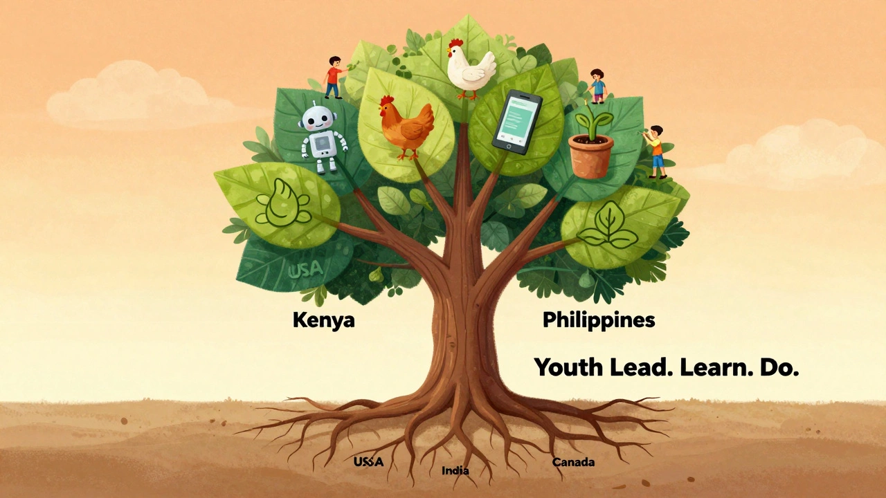 A symbolic tree with global 4-H project leaves, each tended by youth, representing youth-led innovation across continents.