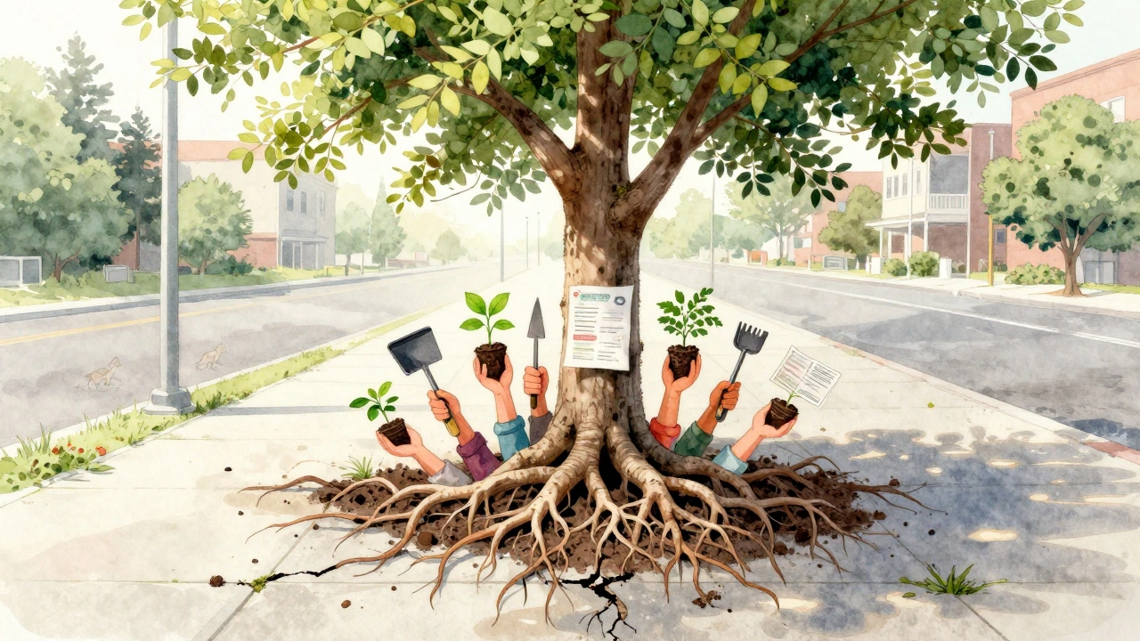A tree growing from urban concrete, roots connected to hands planting seedlings.