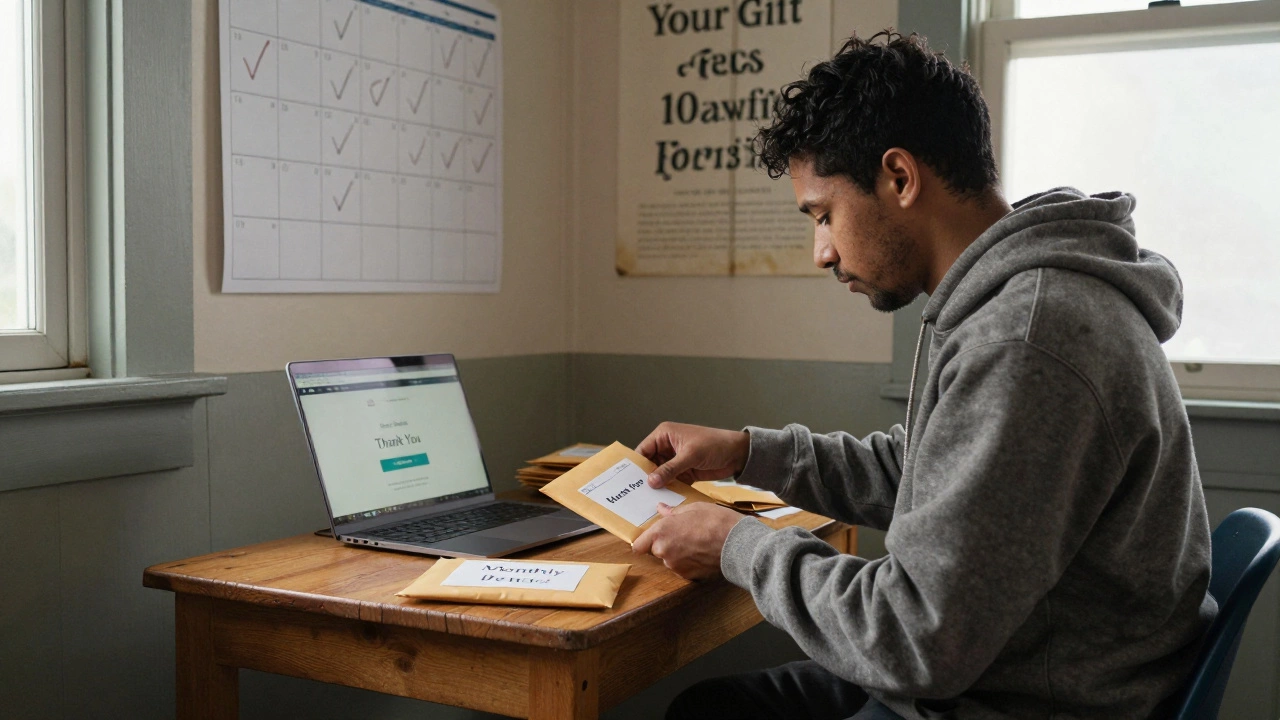 A volunteer sorts donation envelopes in a quiet church basement, with a laptop displaying a simple online donation page.