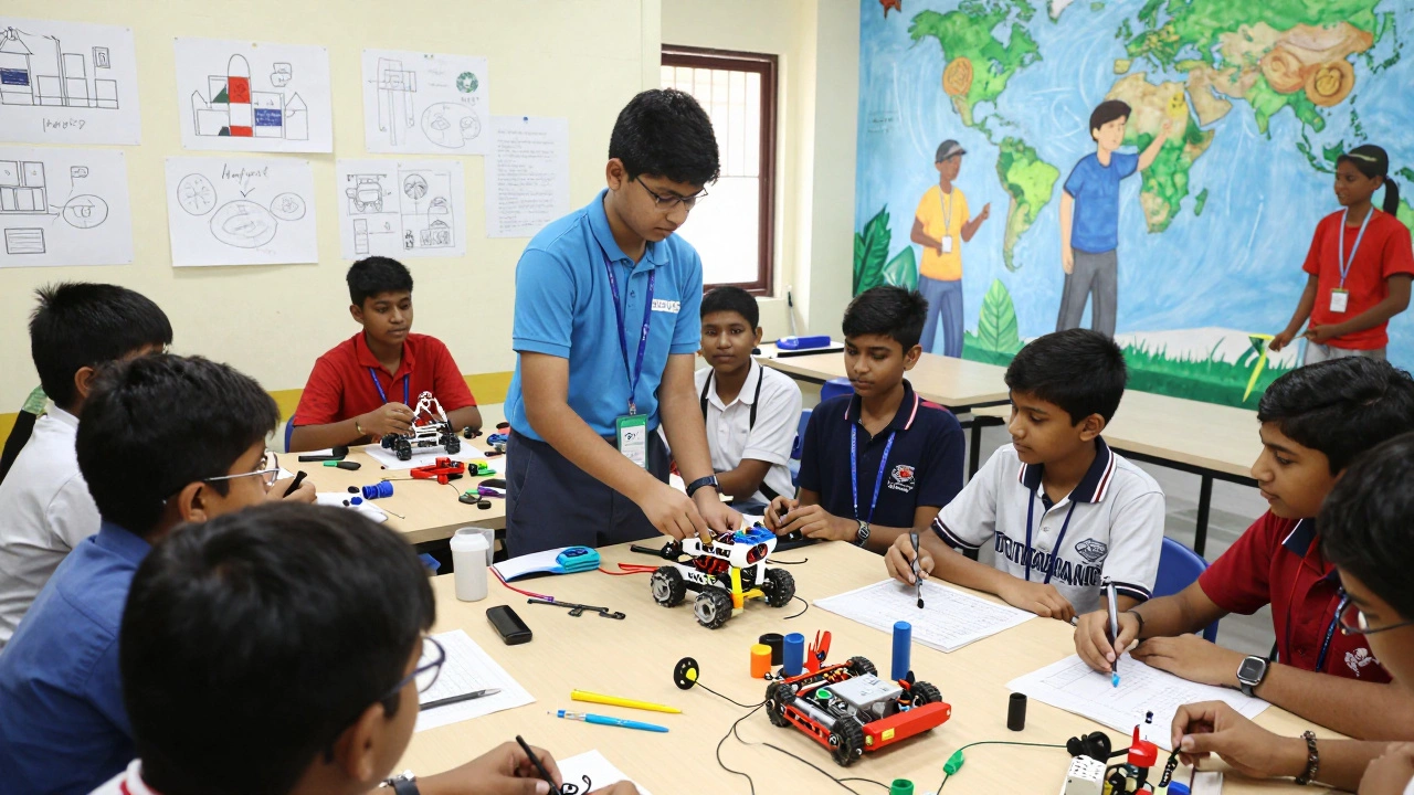 A young leader in Mumbai teaches robotics to peers using recycled materials in a community center filled with project plans.