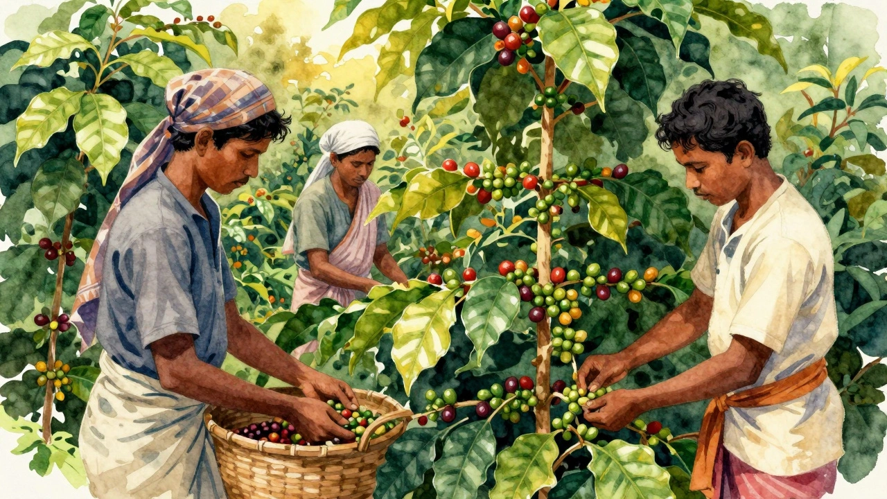 Coffee farmers harvesting sustainably in Kerala, India
