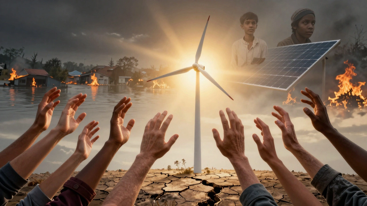 Diverse hands reaching toward solar panels and wind turbines rising from barren earth.