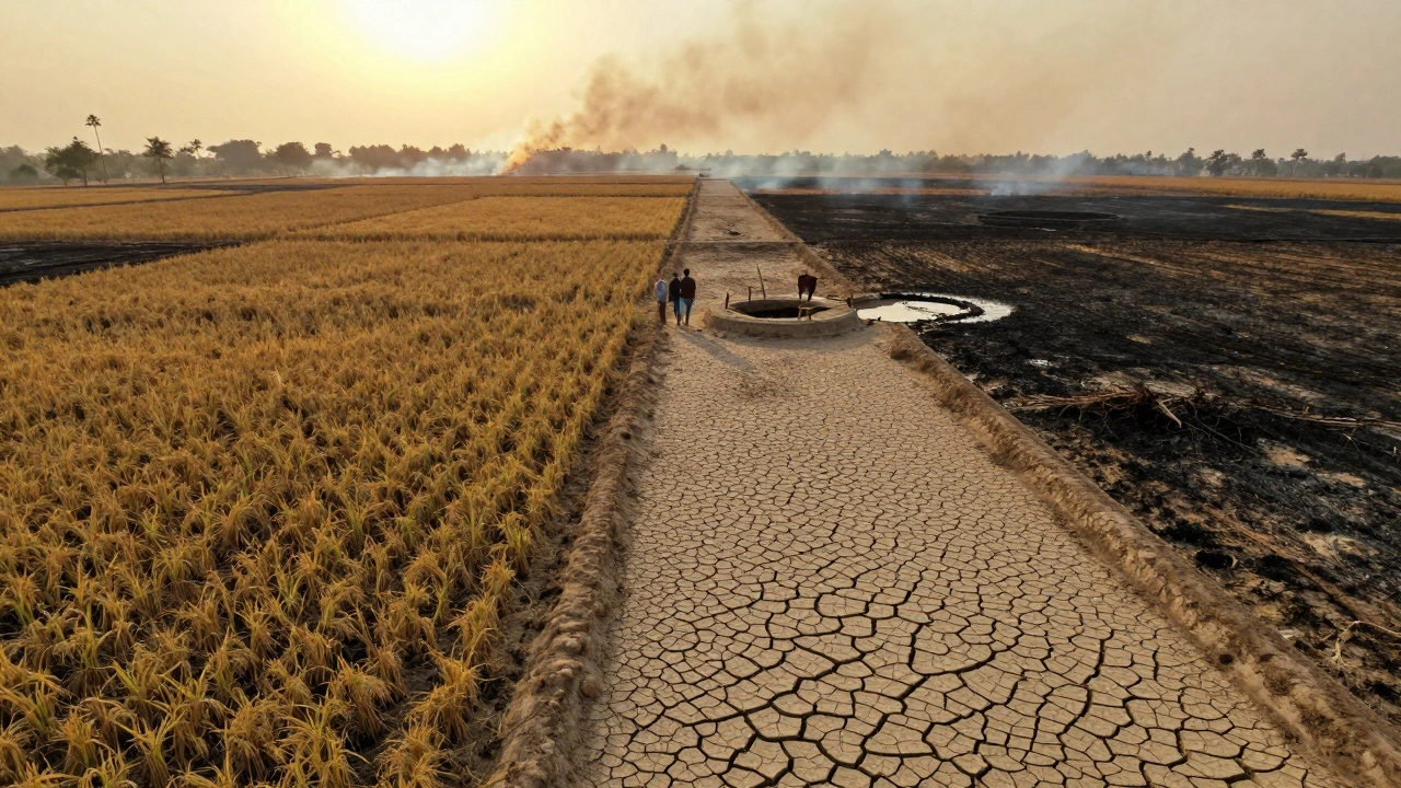 Dried farmland in rural India with a family walking toward a cracked, empty well.
