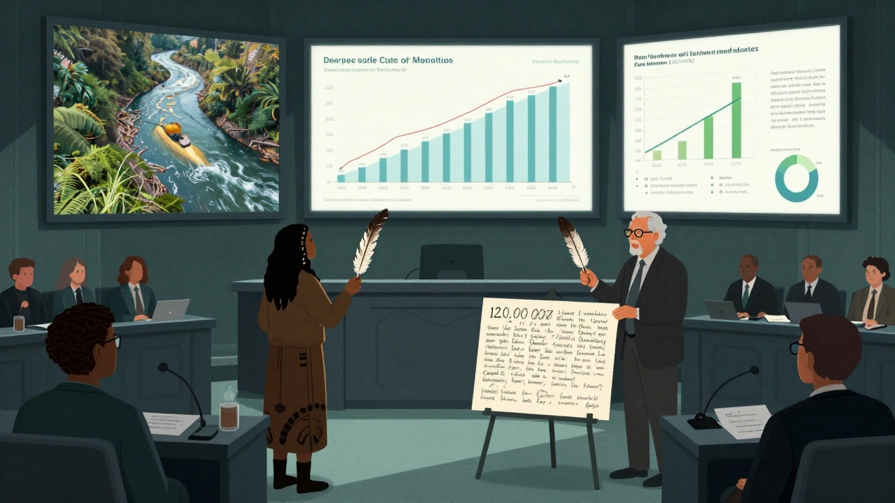 Environmental advocates presenting data to lawmakers, holding native bird feathers.