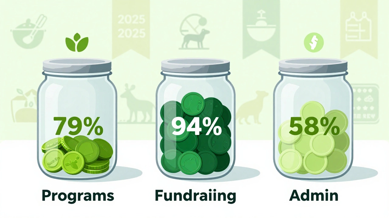 Three transparent jars filled with colored coins showing different charity spending ratios: 79%, 94%, and 58% for programs.