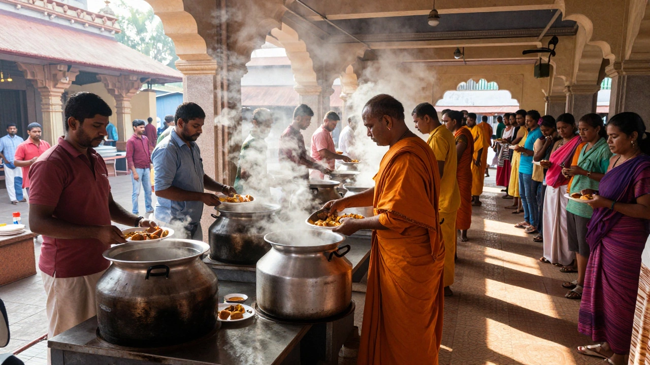 Volunteers serving free meals at a Hindu temple kitchen in India, feeding hundreds.