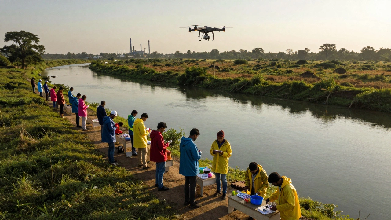 Volunteers testing river water quality with drones monitoring pollution near a factory.