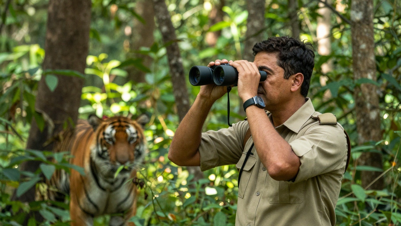 Wildlife ranger monitoring tigers in Indian forest