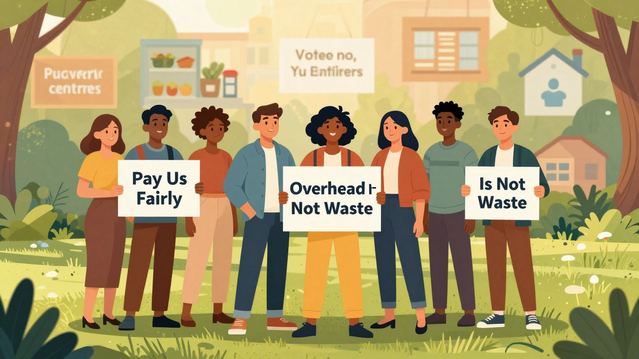 Young nonprofit workers holding signs for fair pay, with community services visible in the background.