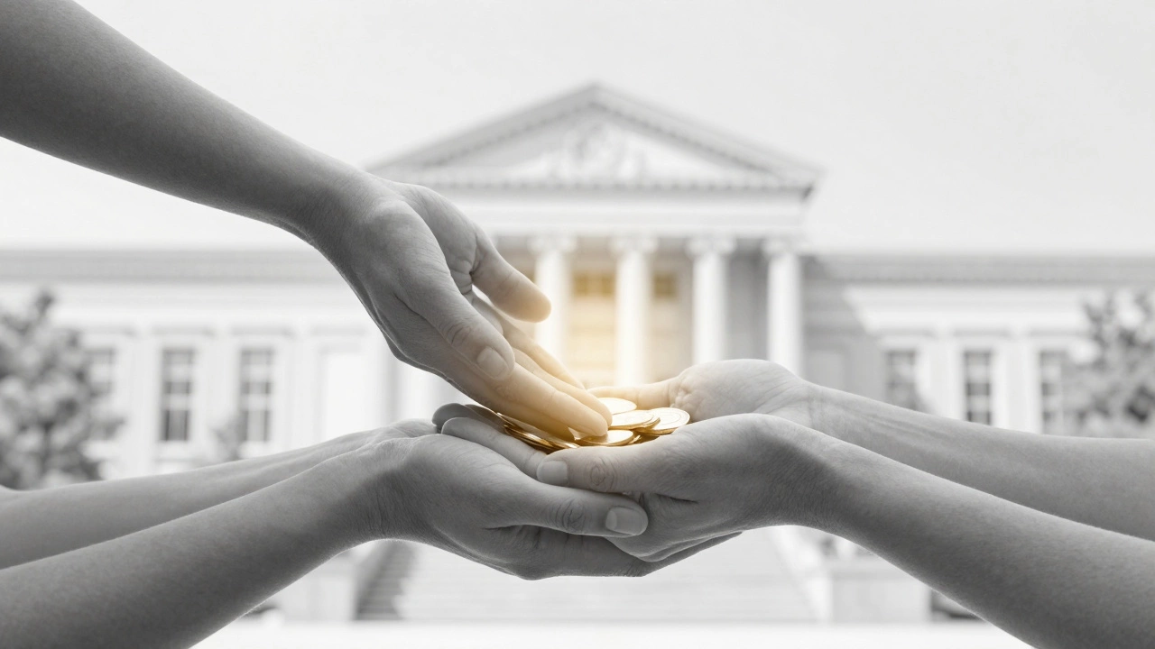 A circle of hands representing donor, trustee, and charity, with assets glowing between them.