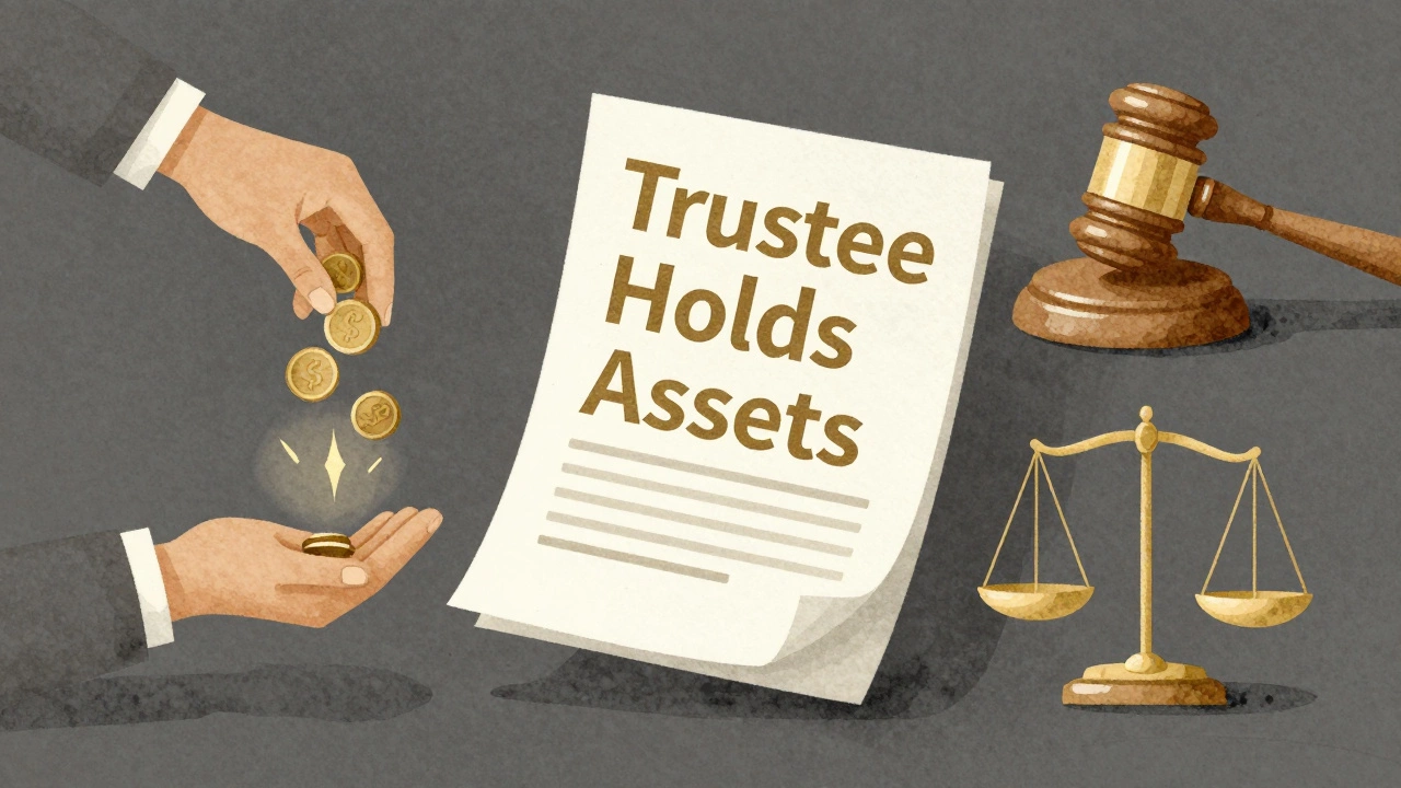 A floating legal document with 'Trustee Holds Assets' surrounded by symbols of donor, trustee, and charity.