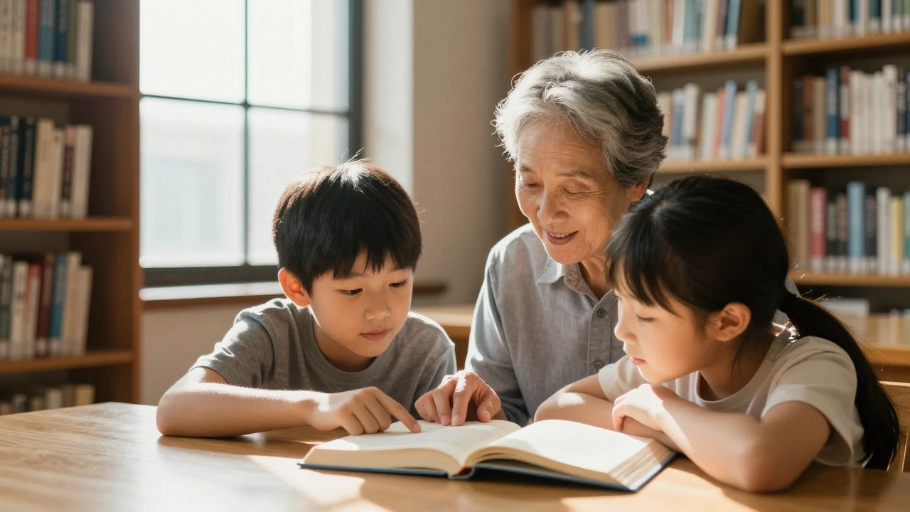 A retired teacher helping two children read a book together at a library table.