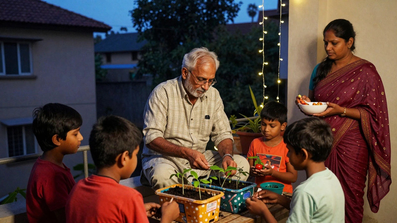 A retired teacher teaches children to grow tomatoes on a balcony, as a mother watches with her child at dusk.